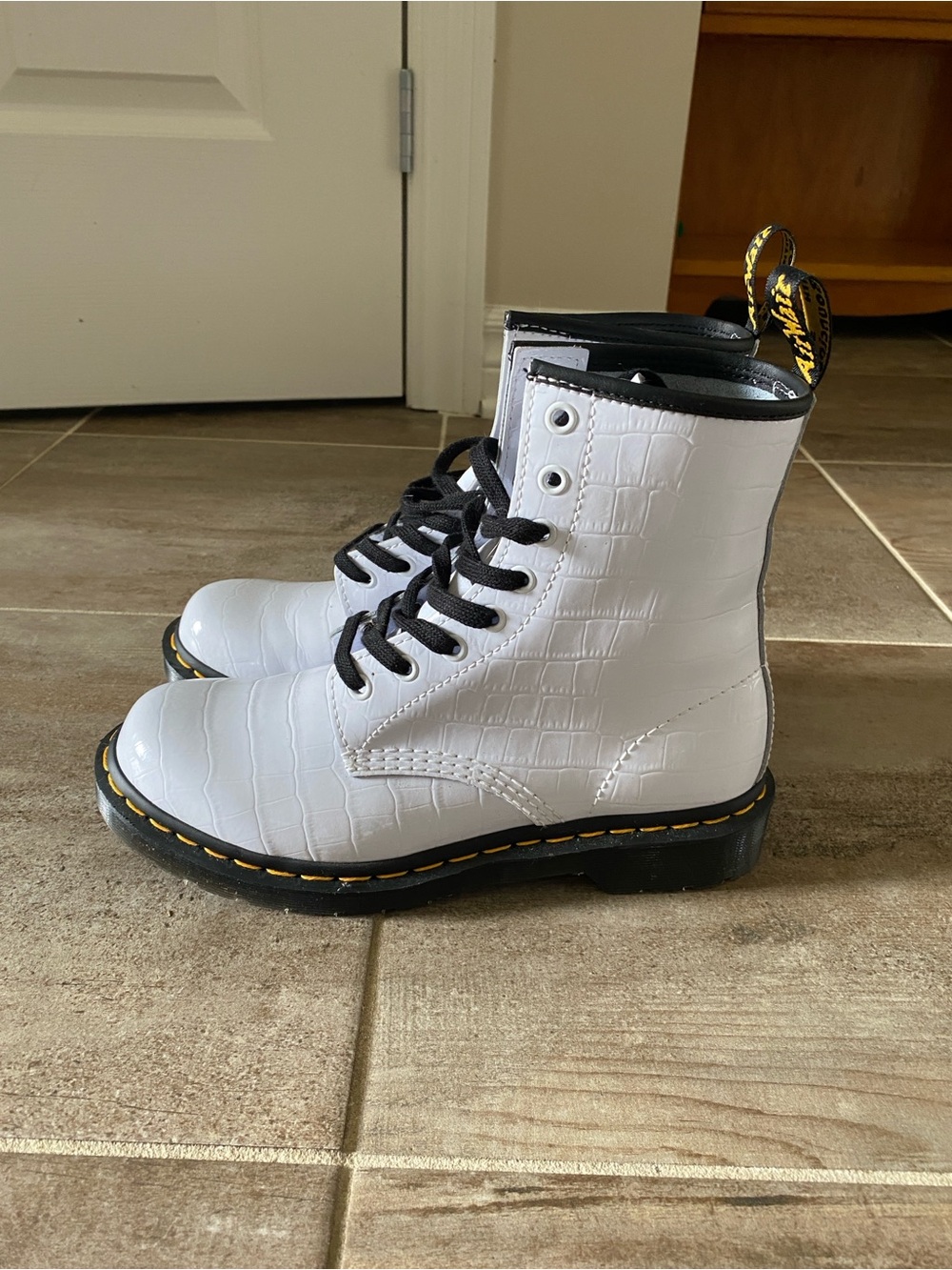 White Croc-Embossed Lace-Up Boots with Yellow Stitching